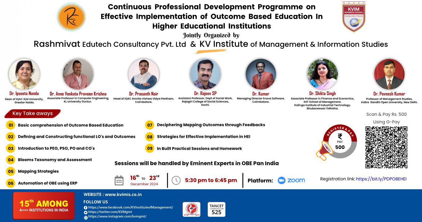 Continous Professional Development Programme on Effective Implementation of Outcome Based Education in Higher Educational Institutions